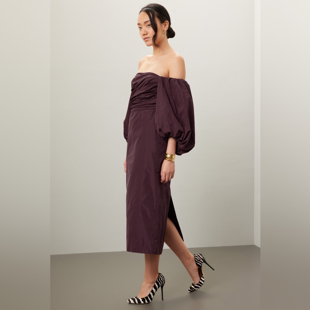 Tanya Taylor Charlotte Puff Sleeve Off The Shoulder Midi Dress Size 4 Plum
